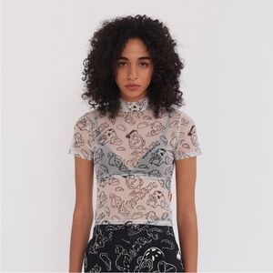 Lazy Oaf X The Flintstones sheer Mesh graphic mock neck Top